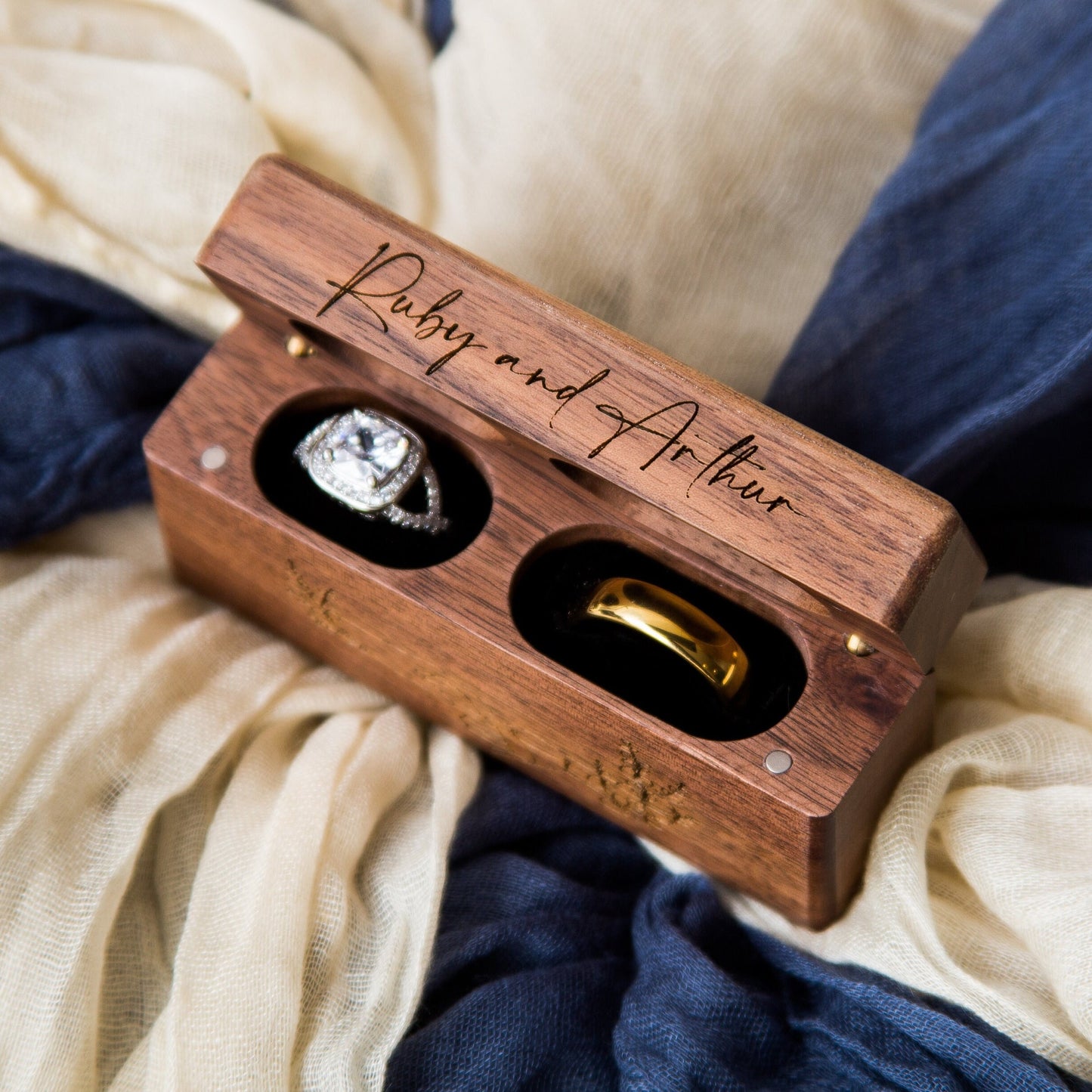 Wide Double Ring Box - Slim Ring Storage for 2 Rings, Engraved Wood Ring Bearer Box for Wedding Ceremony, Unique Proposal Gift for Her
