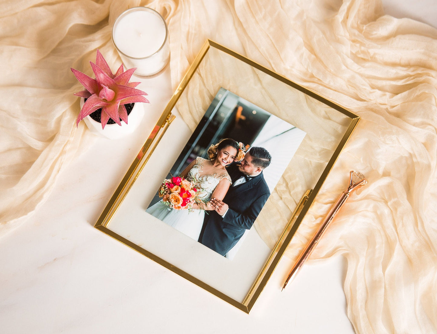 Gold Glass Frame - Photo Printing Optional, Romantic Birthday Engagement Wedding Gift for Couples, Floating Picture Display Frame Decor
