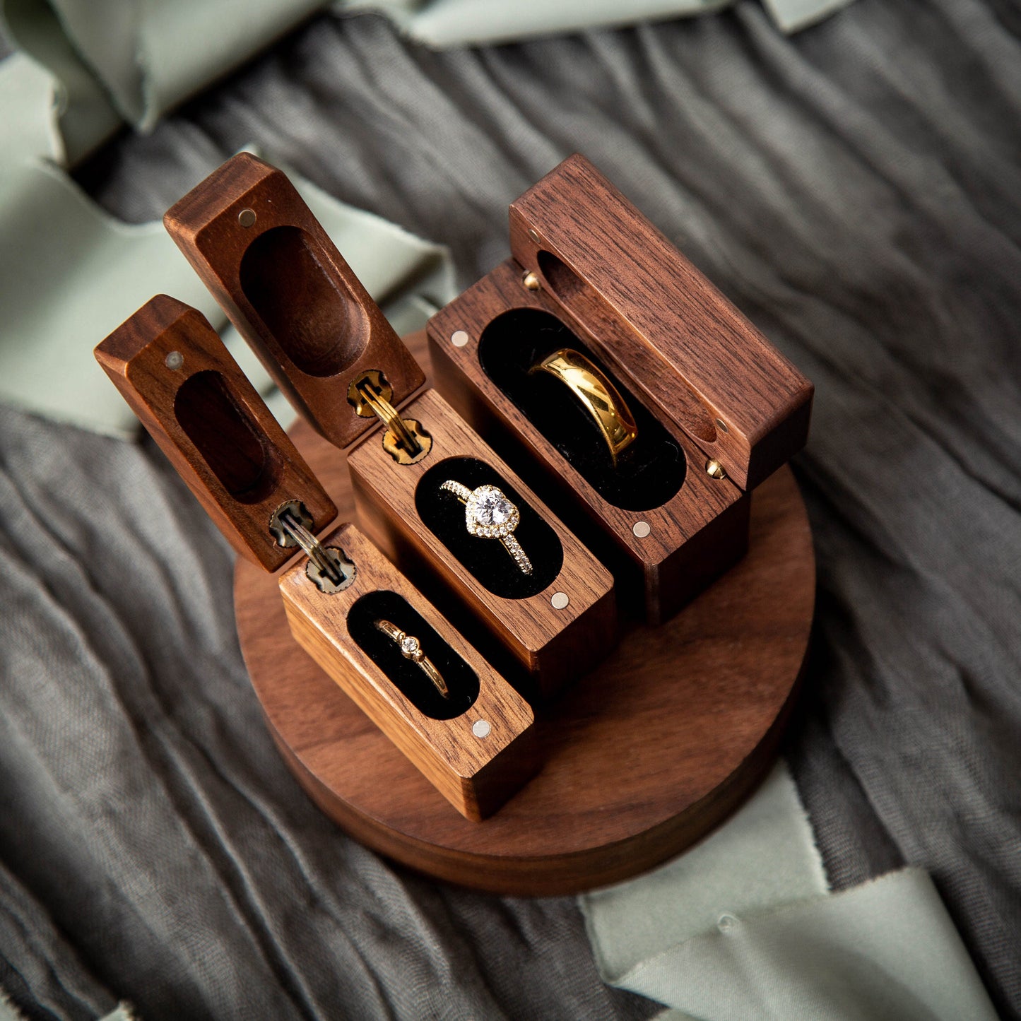 Flip Wood Ring Box - Engraved Secret Single Ring Engagement Ring Box, Slim Modern Wedding Ring Holder, Proposal Prop or Photography Decor