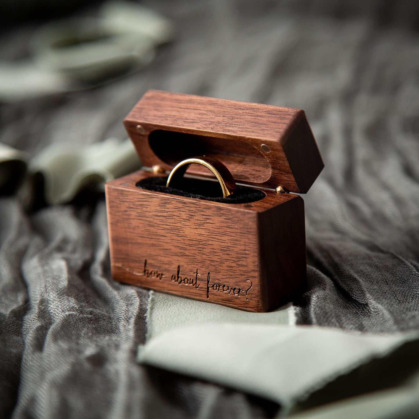 Flip Wood Ring Box - Engraved Secret Single Ring Engagement Ring Box, Slim Modern Wedding Ring Holder, Proposal Prop or Photography Decor