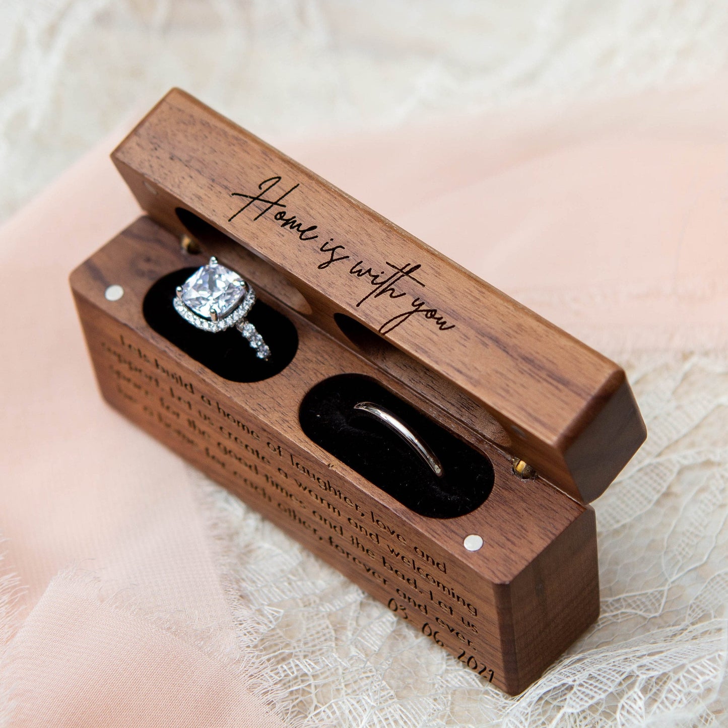Wide Double Ring Box - Slim Ring Storage for 2 Rings, Engraved Wood Ring Bearer Box for Wedding Ceremony, Unique Proposal Gift for Her