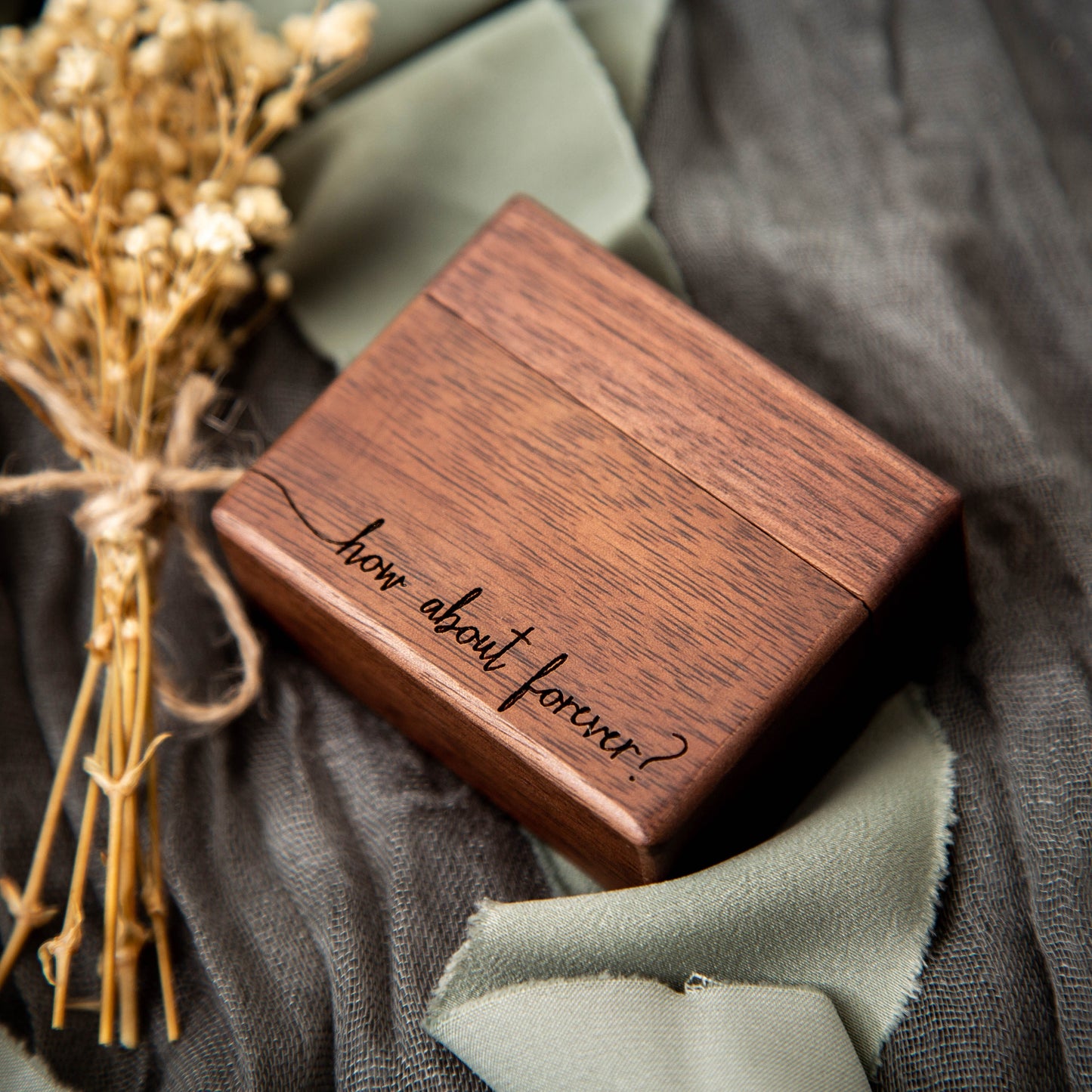 Flip Wood Ring Box - Engraved Secret Single Ring Engagement Ring Box, Slim Modern Wedding Ring Holder, Proposal Prop or Photography Decor