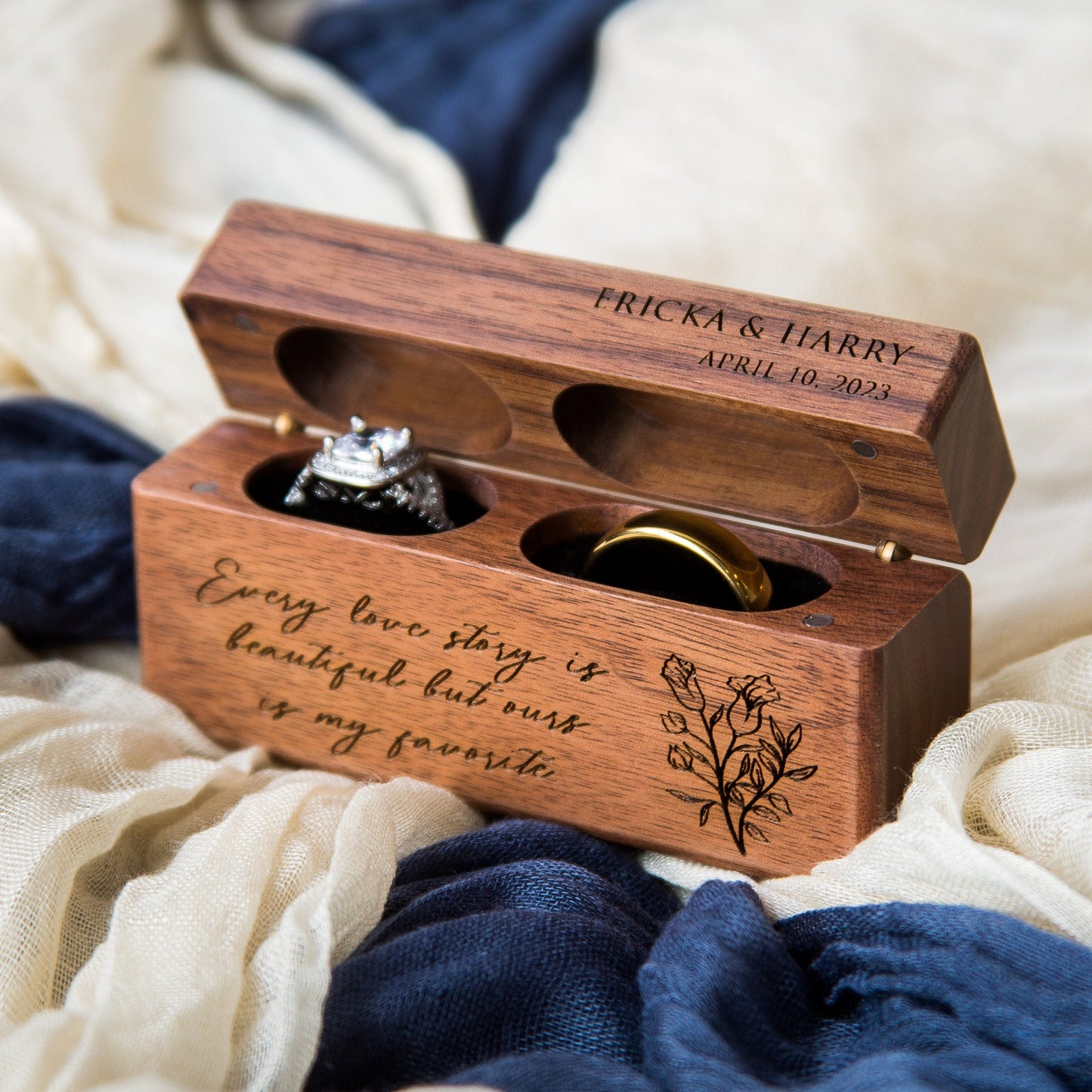 Wide Double Ring Box - Slim Ring Storage for 2 Rings, Engraved Wood Ring Bearer Box for Wedding Ceremony, Unique Proposal Gift for Her