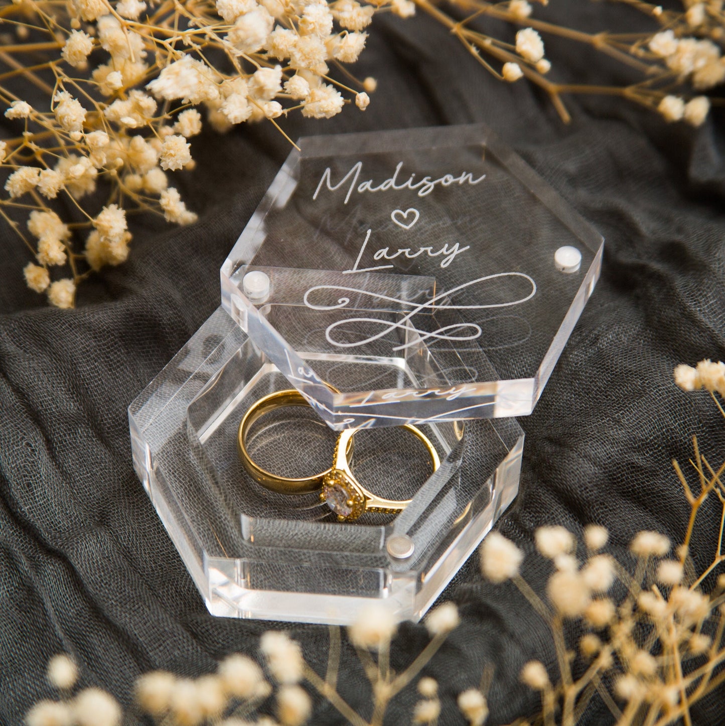 Clear Hexagon Ring Box - Engraved ORIGINAL Acrylic Wedding Ring Bearer Box Engagement Proposal Ring Storage Modern Ring Dish Gift for Her