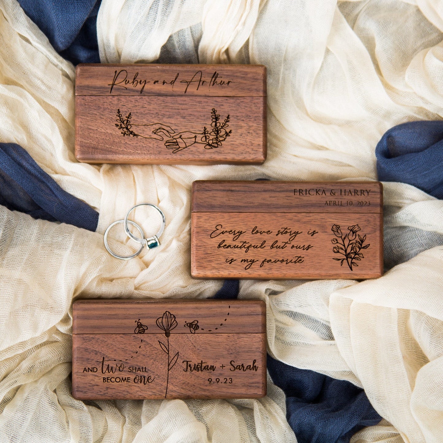 Wide Double Ring Box - Slim Ring Storage for 2 Rings, Engraved Wood Ring Bearer Box for Wedding Ceremony, Unique Proposal Gift for Her