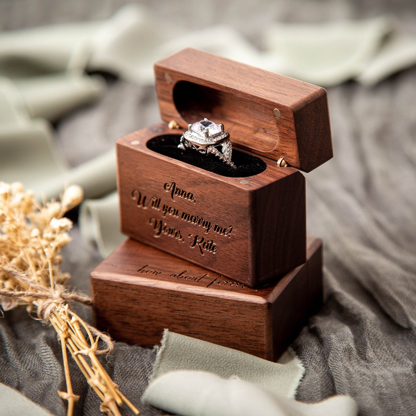Flip Wood Ring Box - Engraved Secret Single Ring Engagement Ring Box, Slim Modern Wedding Ring Holder, Proposal Prop or Photography Decor