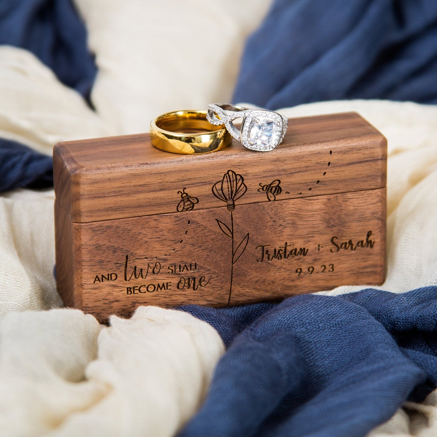 Wide Double Ring Box - Slim Ring Storage for 2 Rings, Engraved Wood Ring Bearer Box for Wedding Ceremony, Unique Proposal Gift for Her