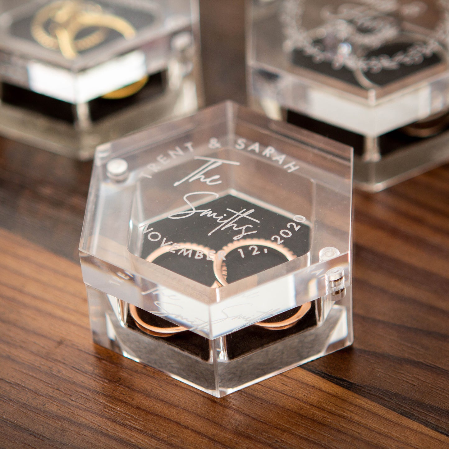 Clear Hexagon Ring Box - Engraved ORIGINAL Acrylic Wedding Ring Bearer Box Engagement Proposal Ring Storage Modern Ring Dish Gift for Her