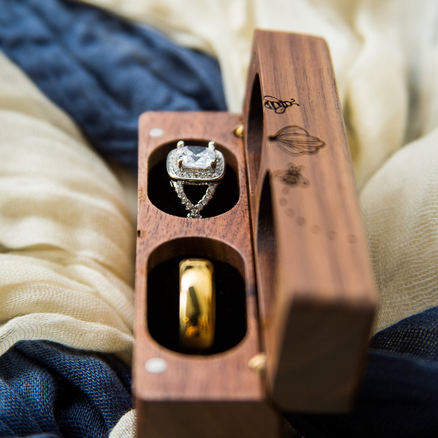 Wide Double Ring Box - Slim Ring Storage for 2 Rings, Engraved Wood Ring Bearer Box for Wedding Ceremony, Unique Proposal Gift for Her