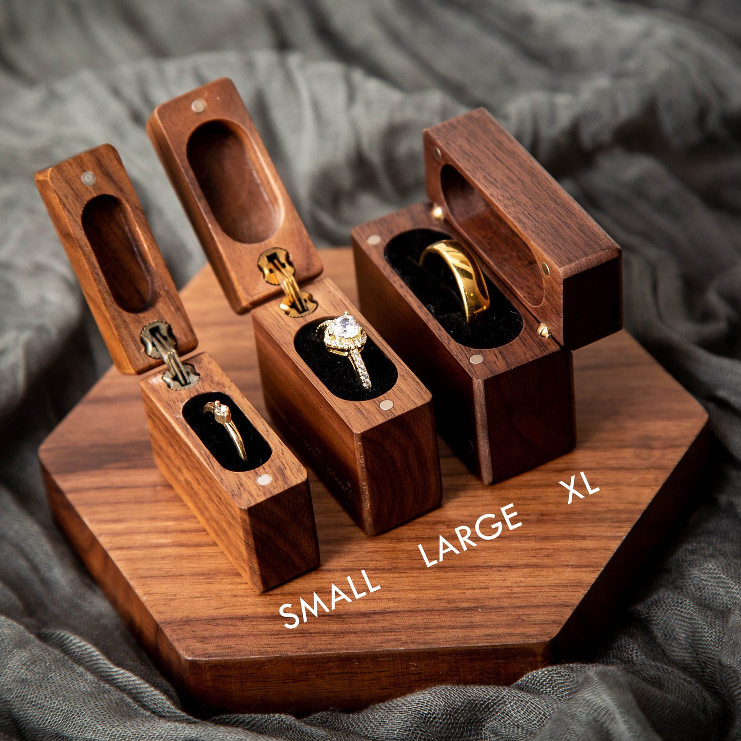 Flip Wood Ring Box - Engraved Secret Single Ring Engagement Ring Box, Slim Modern Wedding Ring Holder, Proposal Prop or Photography Decor