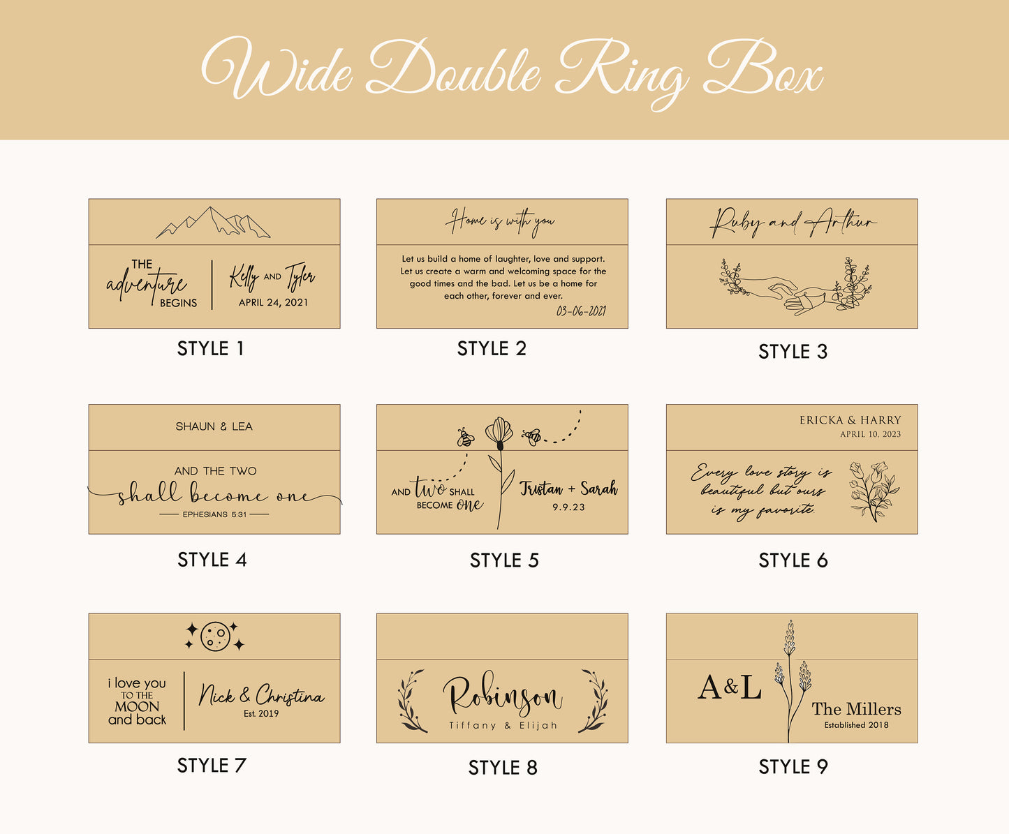 Wide Double Ring Box - Slim Ring Storage for 2 Rings, Engraved Wood Ring Bearer Box for Wedding Ceremony, Unique Proposal Gift for Her