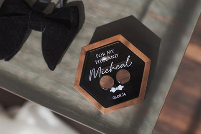 Hex Jewelry Box w/ Magnetic Glass Lid (D2) - Wedding Ceremony Gift for Fiance Husband Groom from Wife, Wooden Cufflink Tie Bar Ring Box