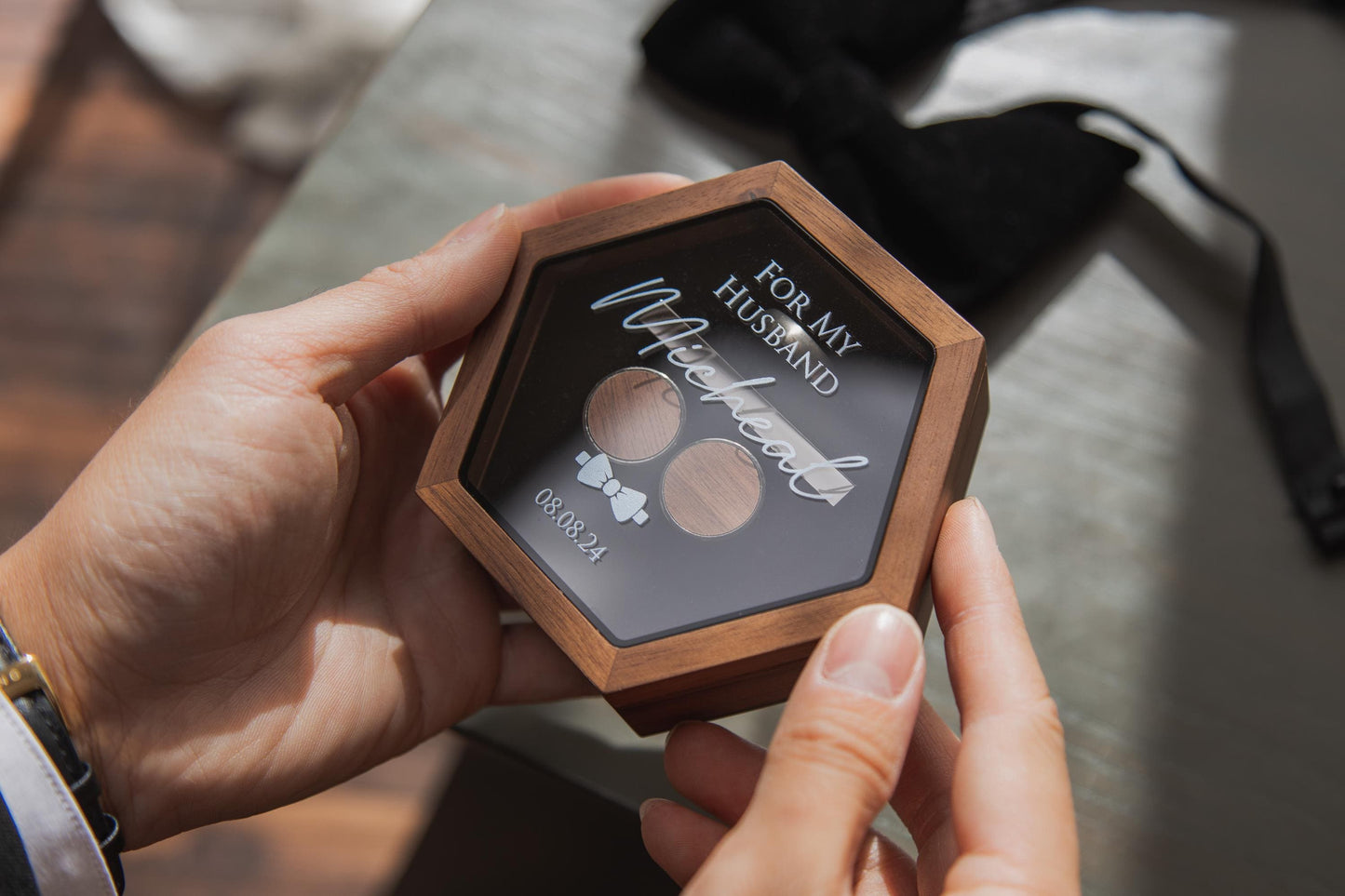 Hex Jewelry Box w/ Magnetic Glass Lid (D2) - Wedding Ceremony Gift for Fiance Husband Groom from Wife, Wooden Cufflink Tie Bar Ring Box