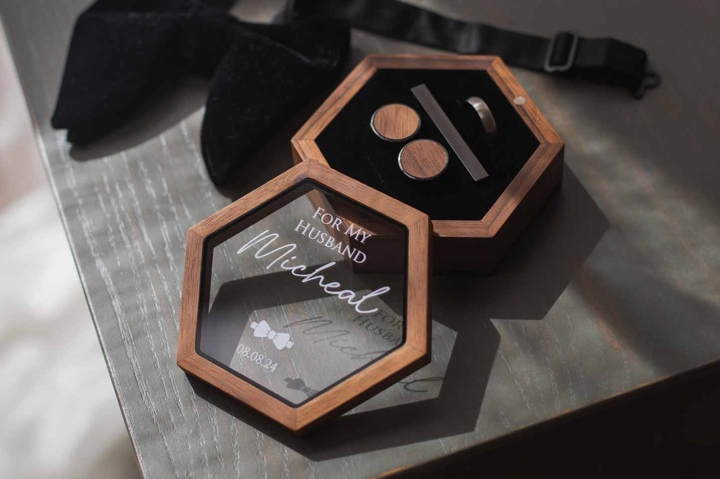 Hex Jewelry Box w/ Magnetic Glass Lid (D2) - Wedding Ceremony Gift for Fiance Husband Groom from Wife, Wooden Cufflink Tie Bar Ring Box