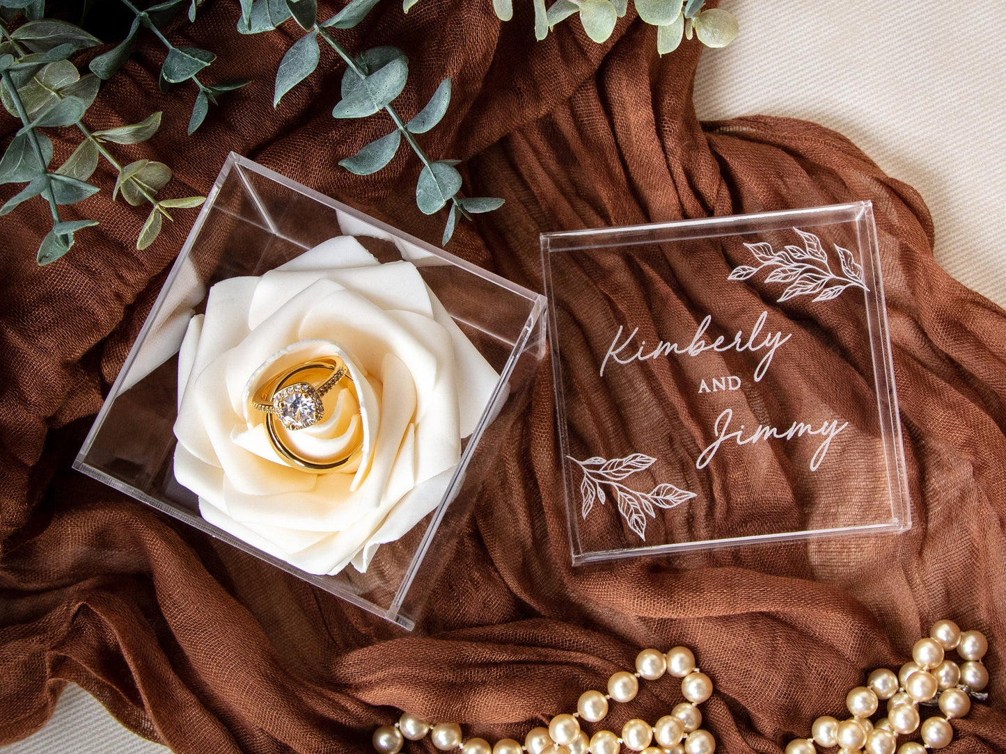 Acrylic Cube Ring Box with Rose Ring Holder - Etched Clear Wedding Ring Bearer Box Personalized Unique Proposal Engagement Ring Display