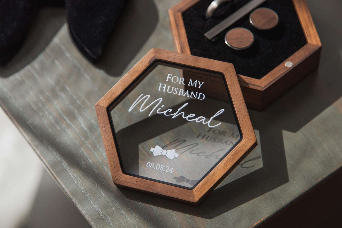 Hex Jewelry Box w/ Magnetic Glass Lid (D2) - Wedding Ceremony Gift for Fiance Husband Groom from Wife, Wooden Cufflink Tie Bar Ring Box