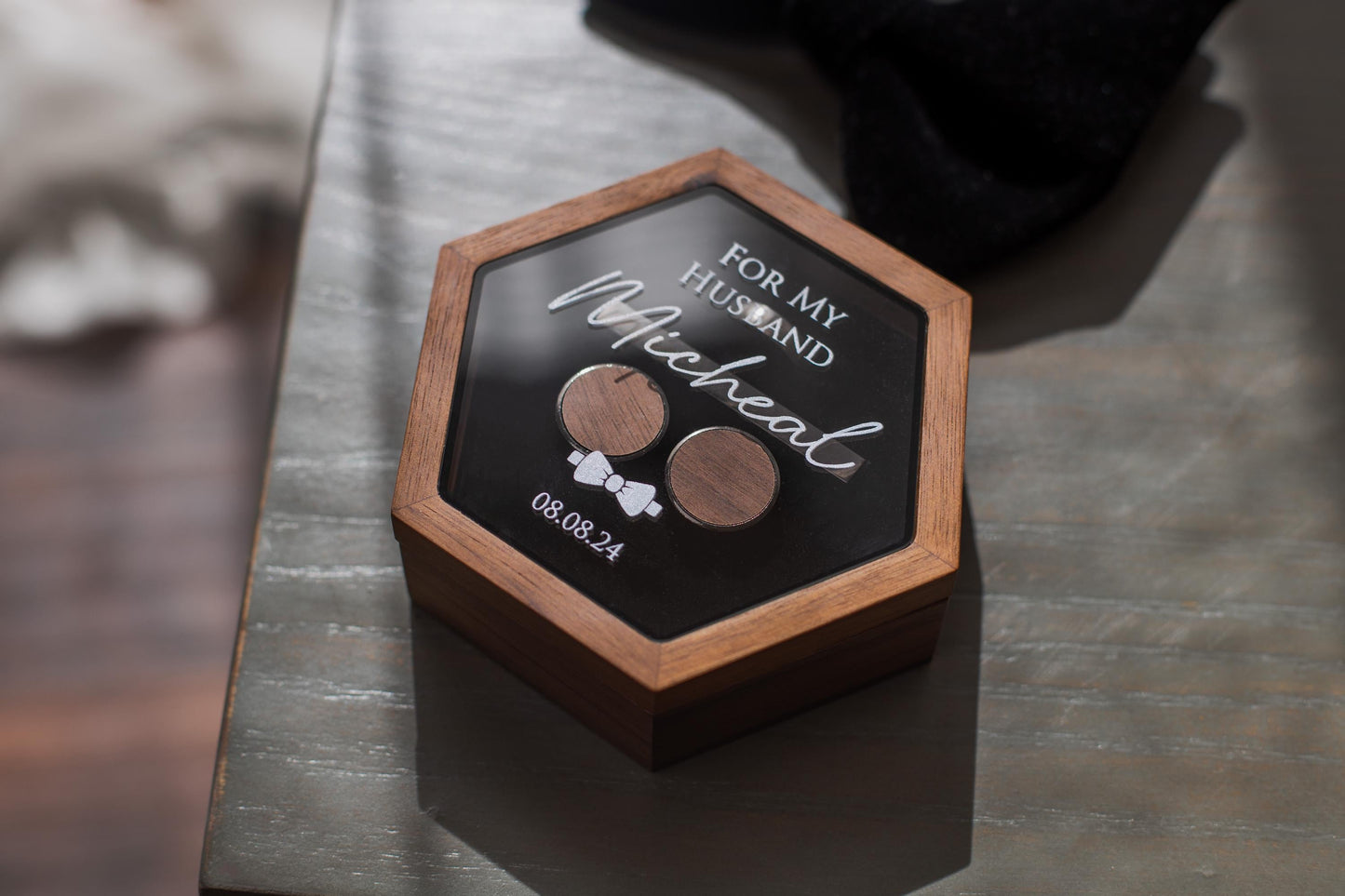 Hex Jewelry Box w/ Magnetic Glass Lid (D2) - Wedding Ceremony Gift for Fiance Husband Groom from Wife, Wooden Cufflink Tie Bar Ring Box