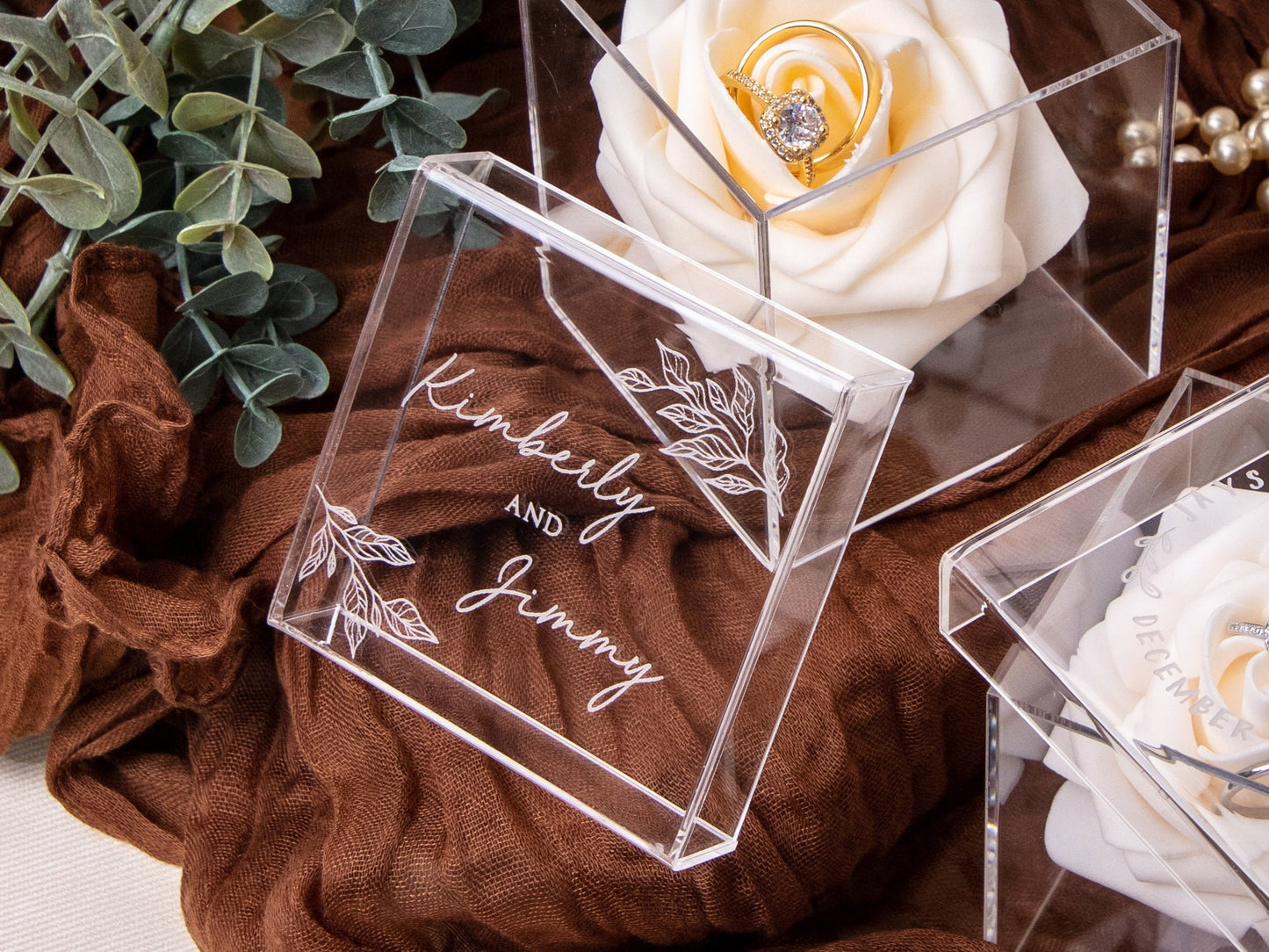 Acrylic Cube Ring Box with Rose Ring Holder - Etched Clear Wedding Ring Bearer Box Personalized Unique Proposal Engagement Ring Display