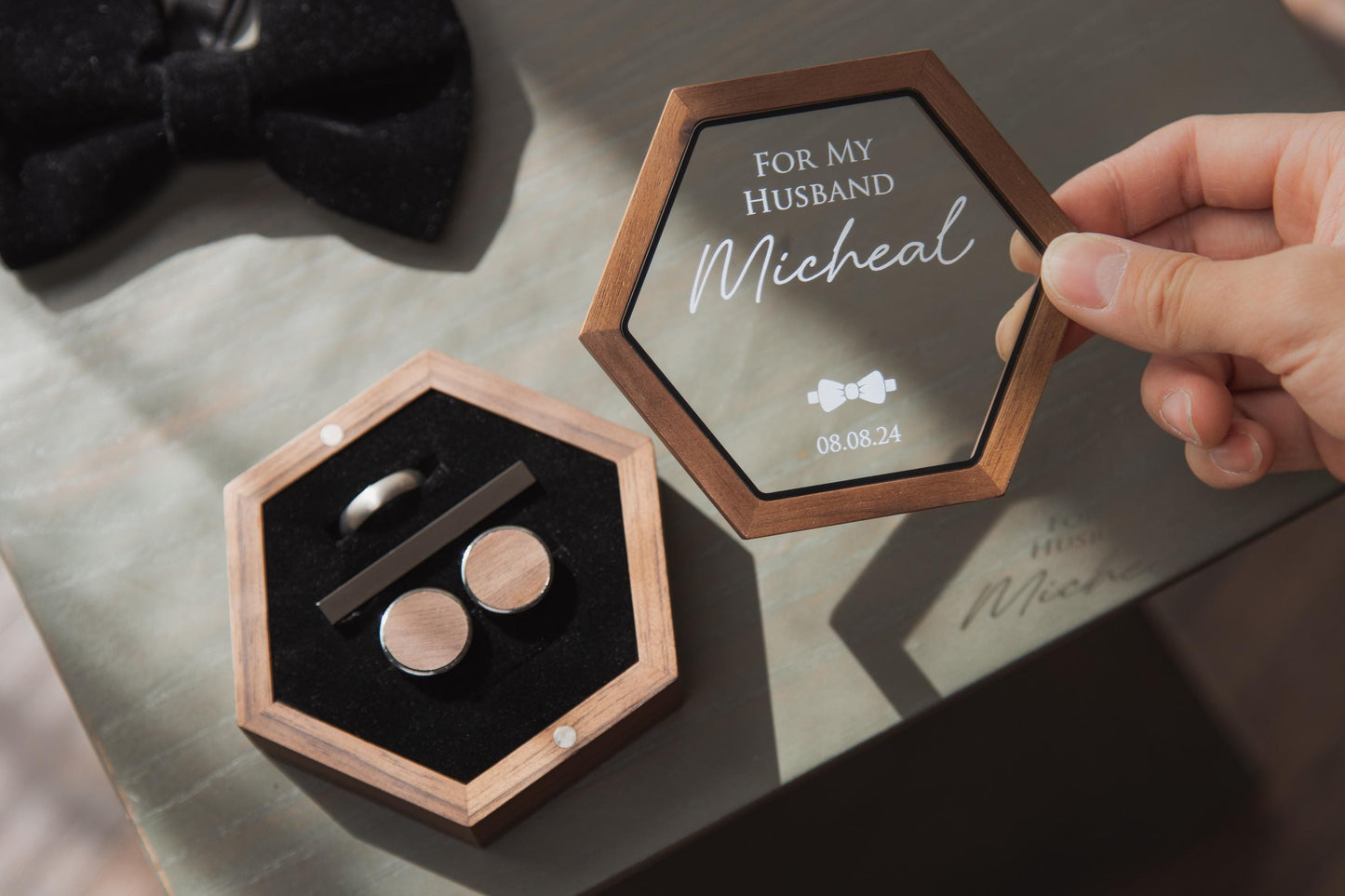 Hex Jewelry Box w/ Magnetic Glass Lid (D2) - Wedding Ceremony Gift for Fiance Husband Groom from Wife, Wooden Cufflink Tie Bar Ring Box