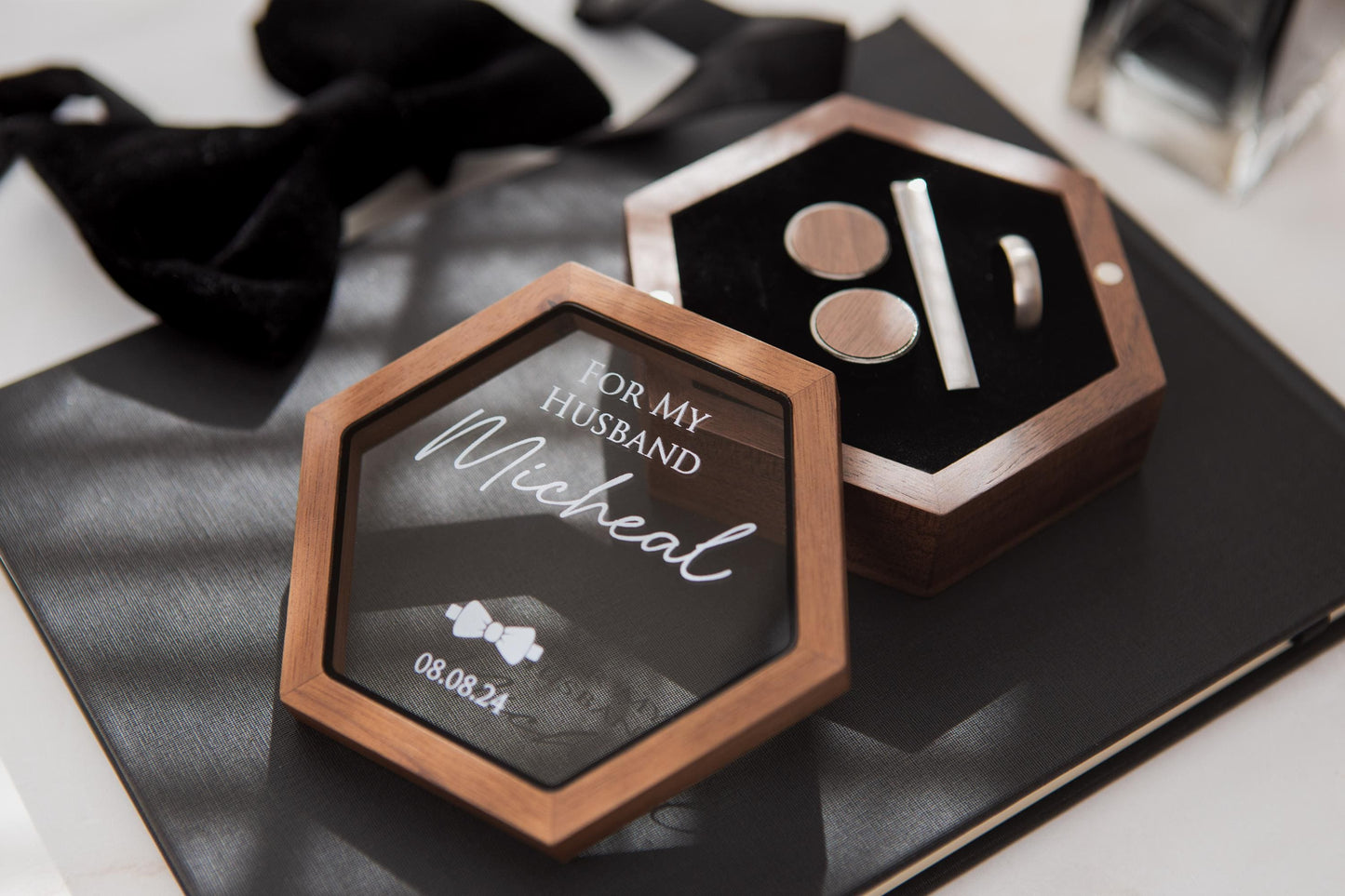 Hex Jewelry Box w/ Magnetic Glass Lid (D2) - Wedding Ceremony Gift for Fiance Husband Groom from Wife, Wooden Cufflink Tie Bar Ring Box