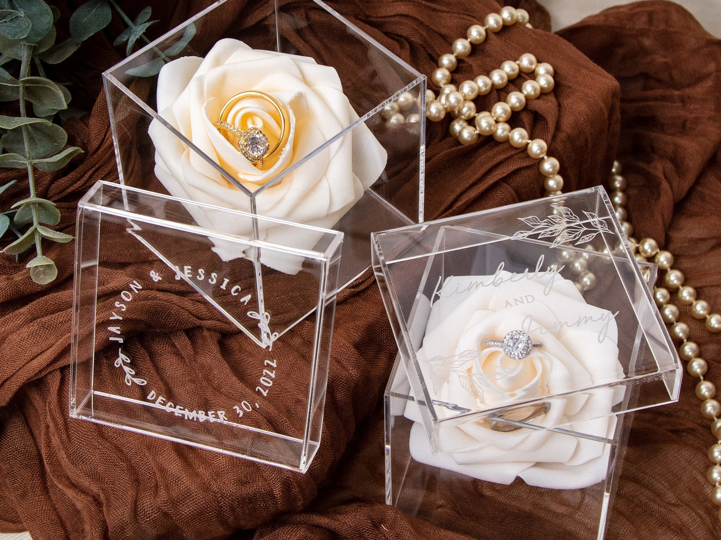 Acrylic Cube Ring Box with Rose Ring Holder - Etched Clear Wedding Ring Bearer Box Personalized Unique Proposal Engagement Ring Display