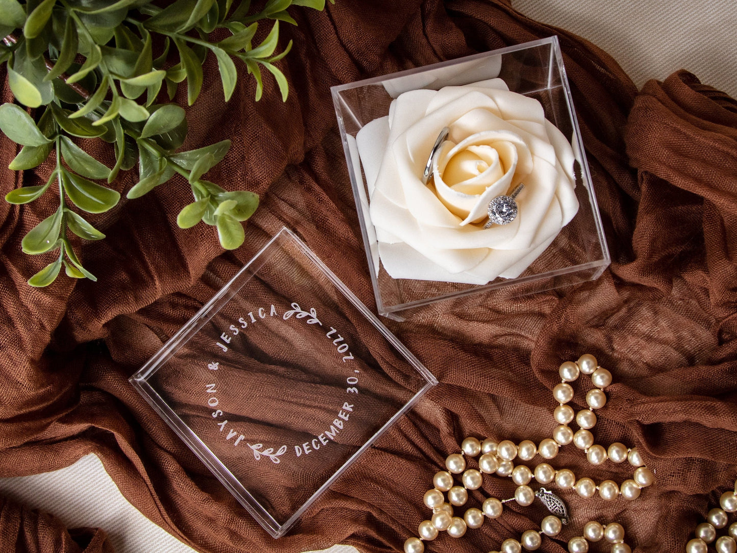 Acrylic Cube Ring Box with Rose Ring Holder - Etched Clear Wedding Ring Bearer Box Personalized Unique Proposal Engagement Ring Display