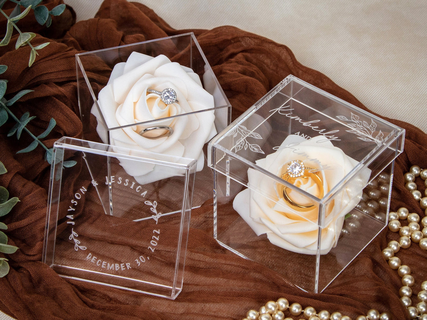 Acrylic Cube Ring Box with Rose Ring Holder - Etched Clear Wedding Ring Bearer Box Personalized Unique Proposal Engagement Ring Display