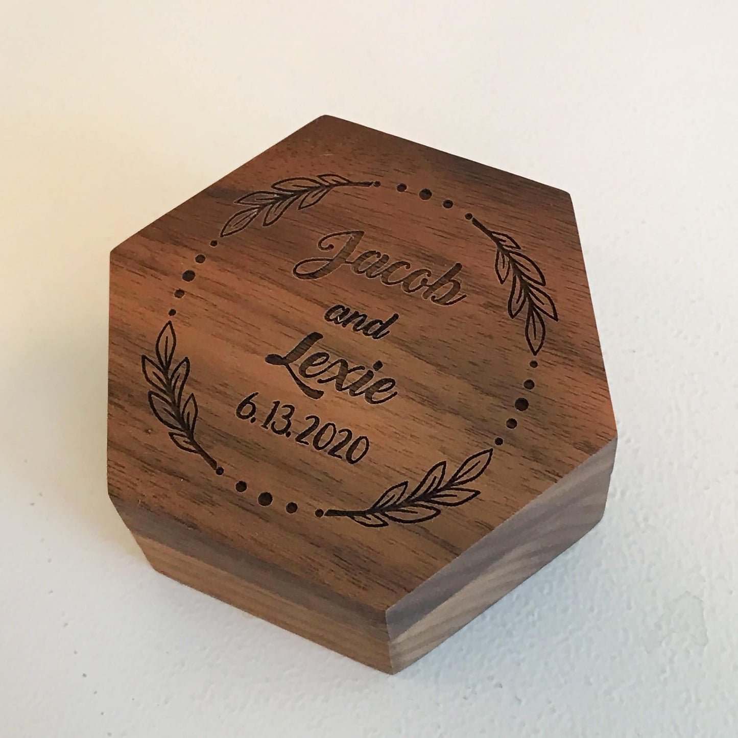 Hexagon Wood Ring Box - Engraved Ring Bearer Box for Wedding Ceremony, Proposal or Engagement Ring Box, Ring Dish Storage, Gift for Her CP