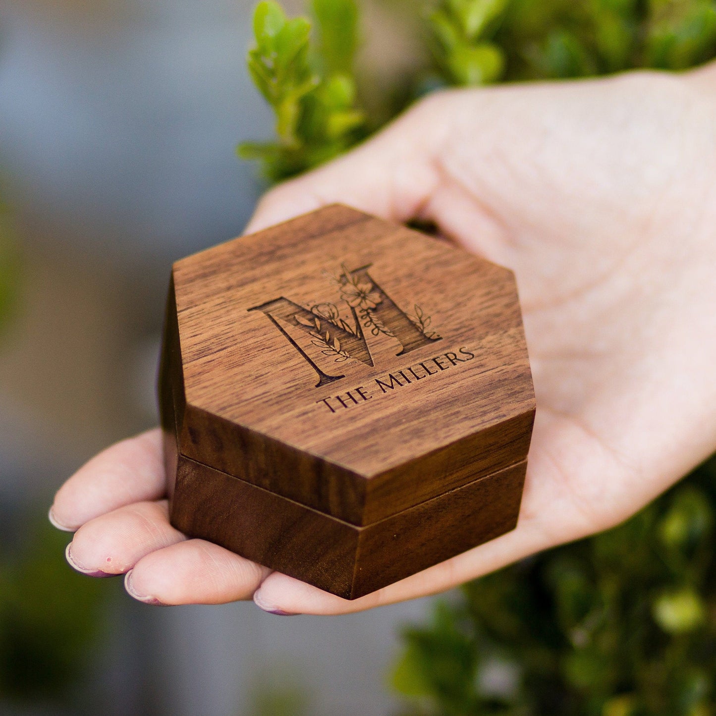 Hexagon Wood Ring Box - Engraved Ring Bearer Box for Wedding Ceremony, Proposal or Engagement Ring Box, Ring Dish Storage, Gift for Her CP