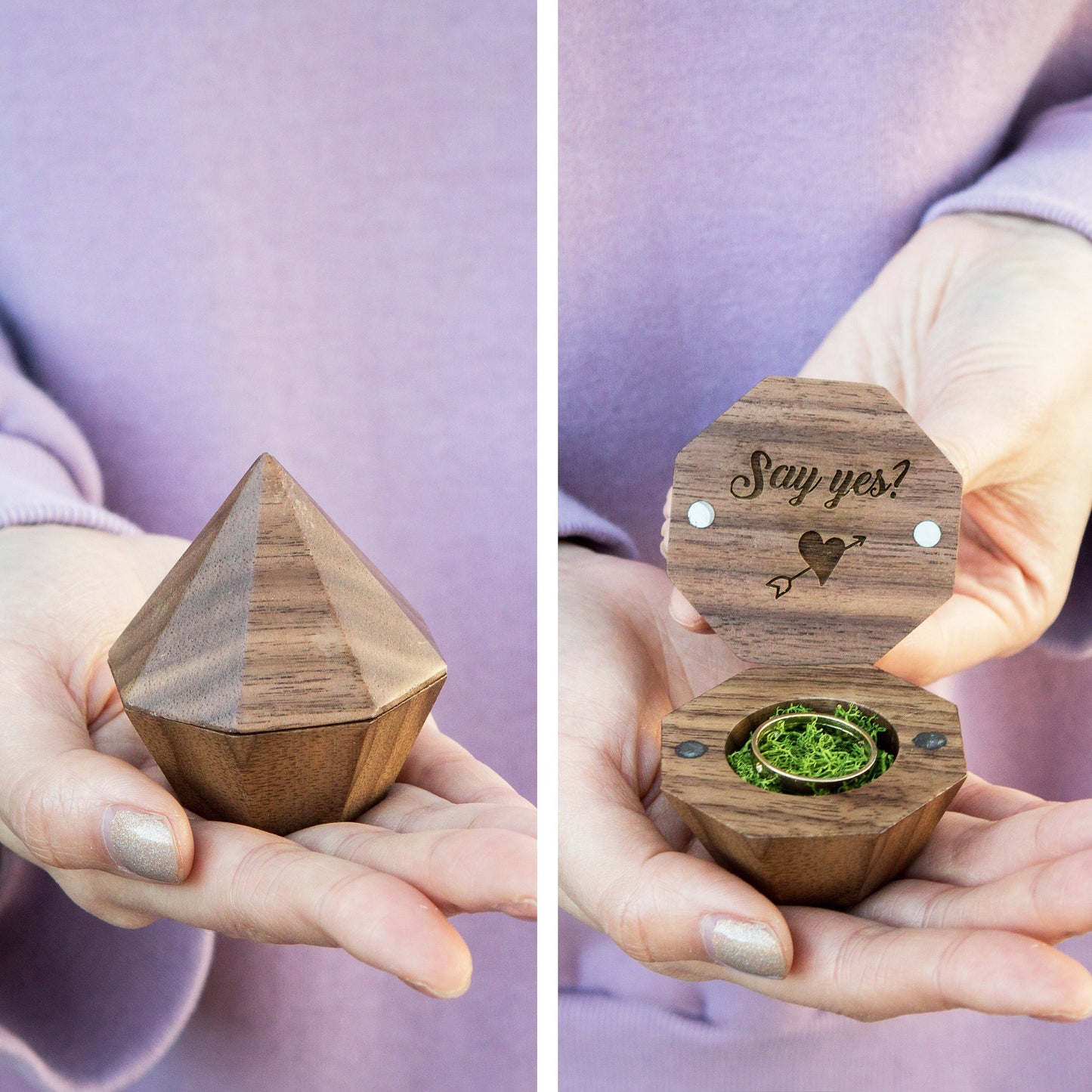 Diamond Wood Ring Box w/ Moss - Geometric Ring Box | Rustic Wedding Ceremony Ring Pillow Alternative | Engagement or Proposal Prop