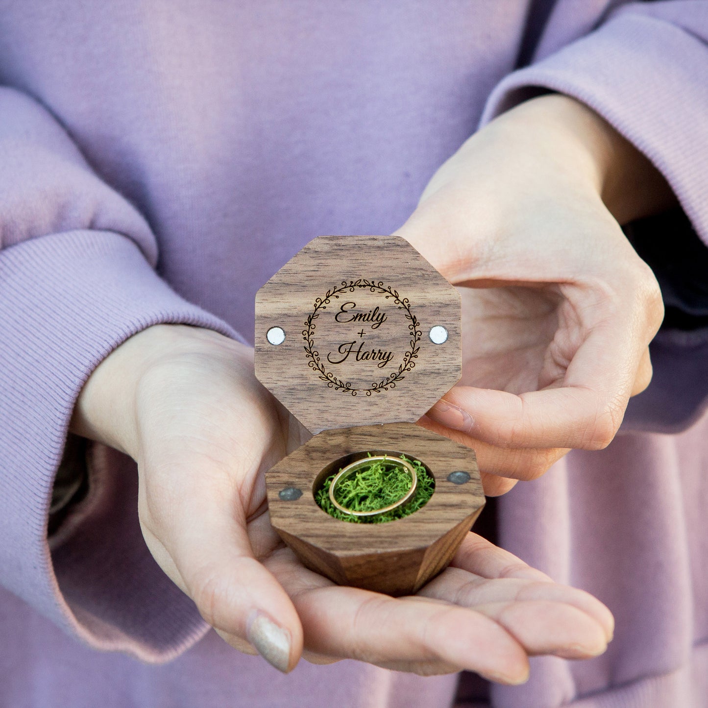 Diamond Wood Ring Box w/ Moss - Geometric Ring Box | Rustic Wedding Ceremony Ring Pillow Alternative | Engagement or Proposal Prop