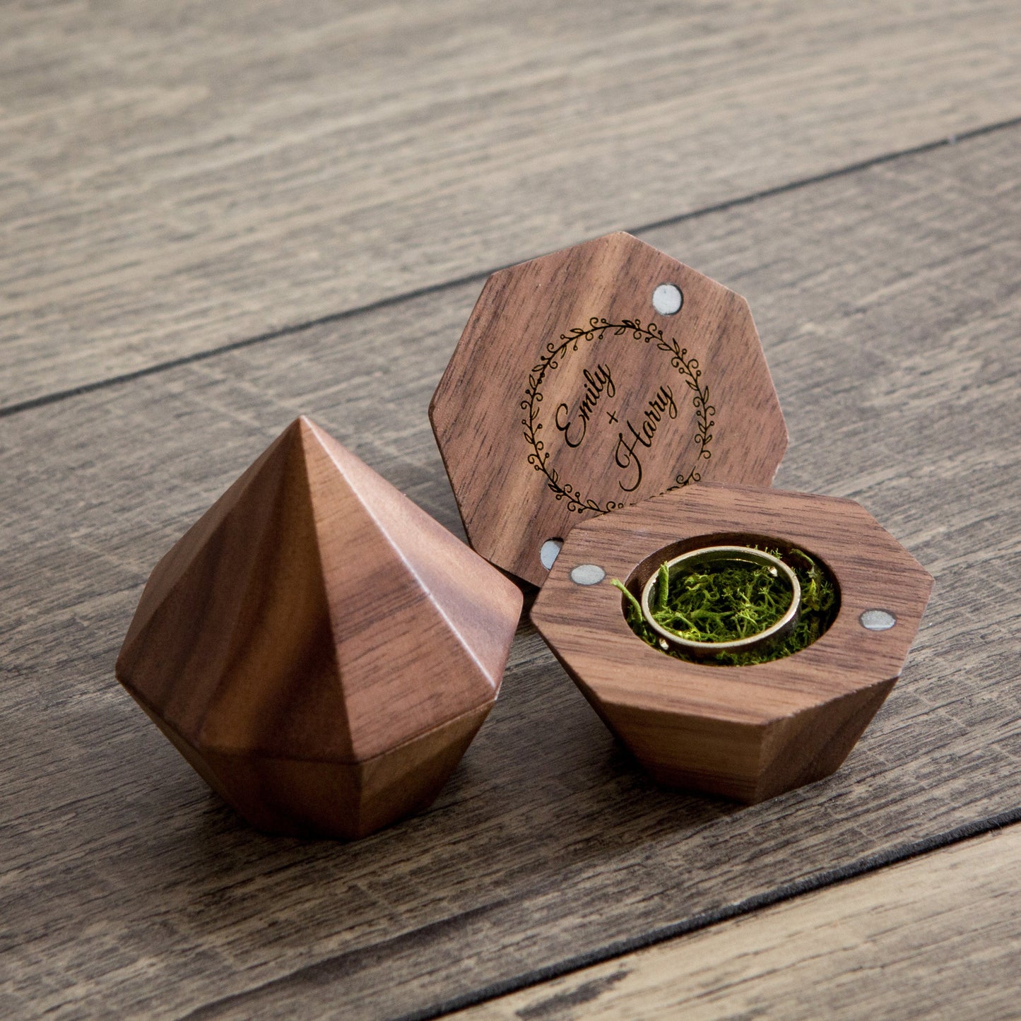 Diamond Wood Ring Box w/ Moss - Geometric Ring Box | Rustic Wedding Ceremony Ring Pillow Alternative | Engagement or Proposal Prop