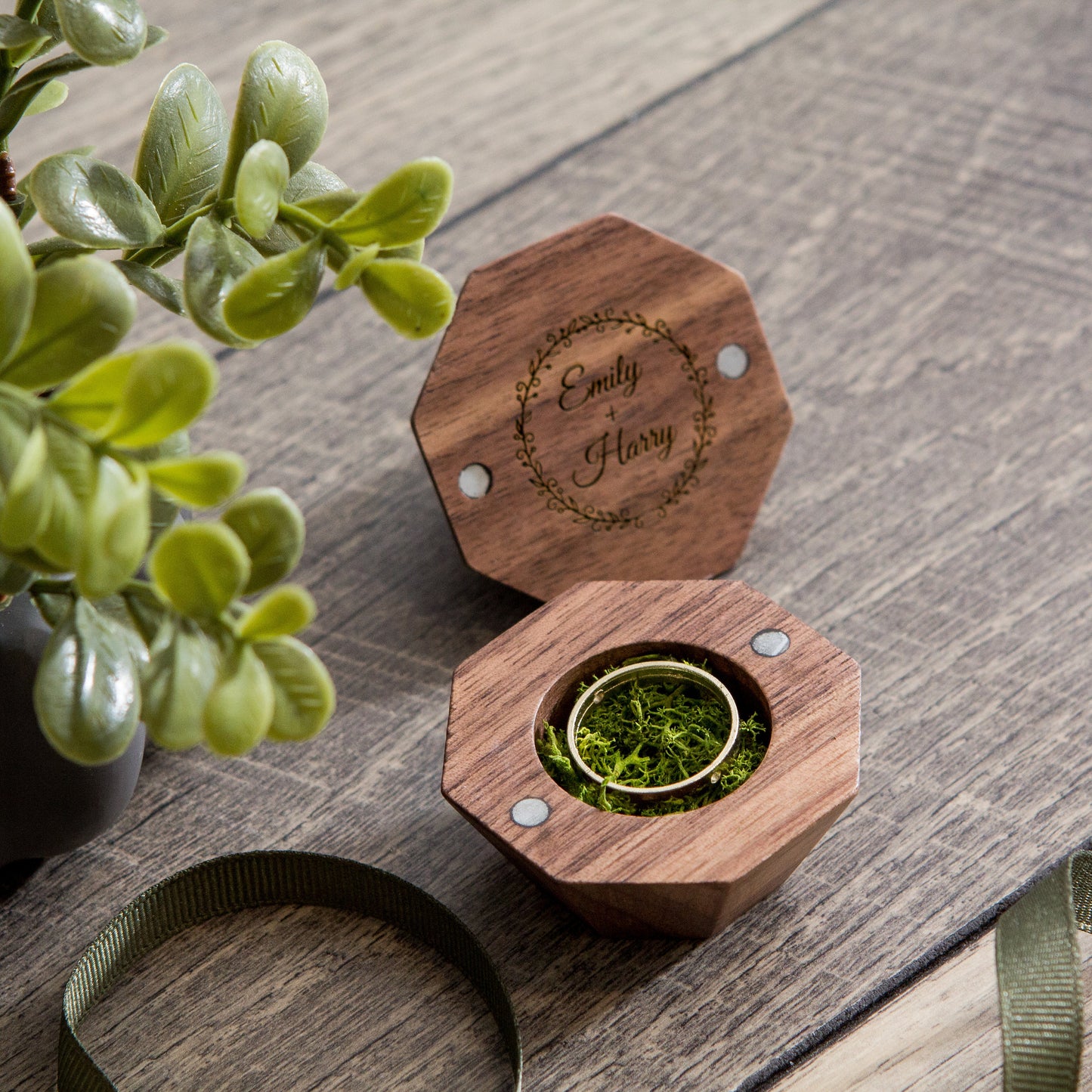 Diamond Wood Ring Box w/ Moss - Geometric Ring Box | Rustic Wedding Ceremony Ring Pillow Alternative | Engagement or Proposal Prop
