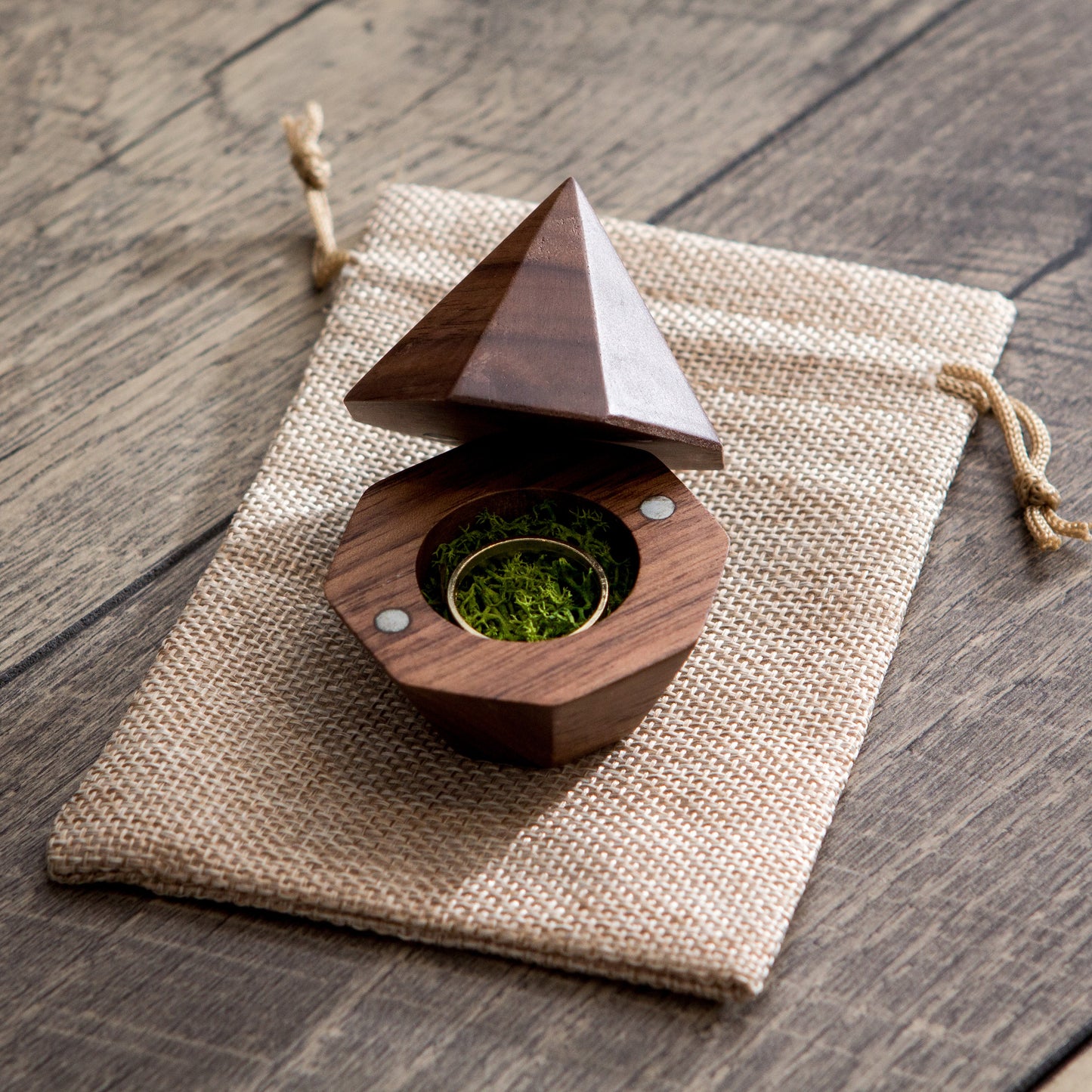 Diamond Wood Ring Box w/ Moss - Geometric Ring Box | Rustic Wedding Ceremony Ring Pillow Alternative | Engagement or Proposal Prop