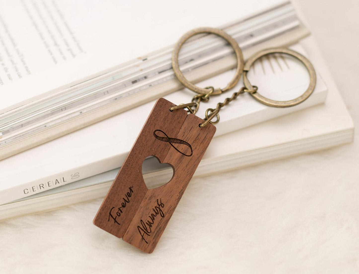 Engraved Heart Keychain Sets - Forever And Always Matching Set of 2 Split Heart Wooden Key Rings with Magnets For Couples Boyfriend Gift