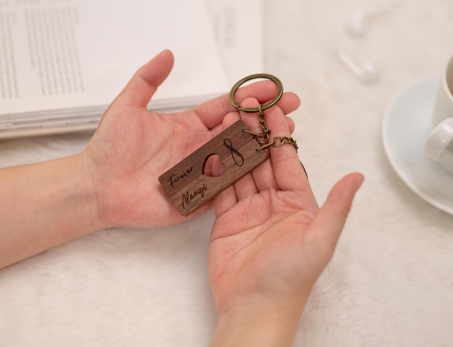 Engraved Heart Keychain Sets - Forever And Always Matching Set of 2 Split Heart Wooden Key Rings with Magnets For Couples Boyfriend Gift