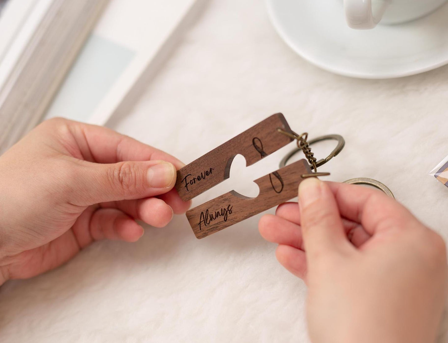 Engraved Heart Keychain Sets - Forever And Always Matching Set of 2 Split Heart Wooden Key Rings with Magnets For Couples Boyfriend Gift