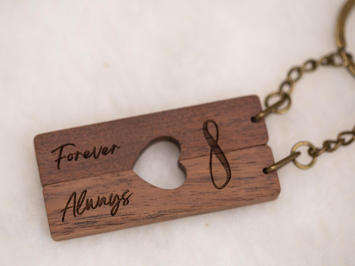 Engraved Heart Keychain Sets - Forever And Always Matching Set of 2 Split Heart Wooden Key Rings with Magnets For Couples Boyfriend Gift