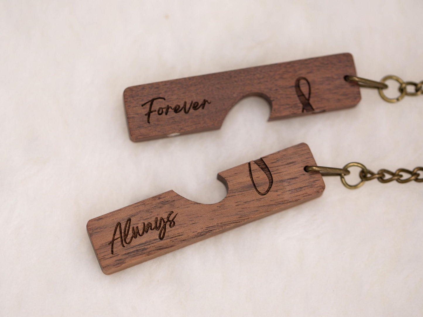 Engraved Heart Keychain Sets - Forever And Always Matching Set of 2 Split Heart Wooden Key Rings with Magnets For Couples Boyfriend Gift