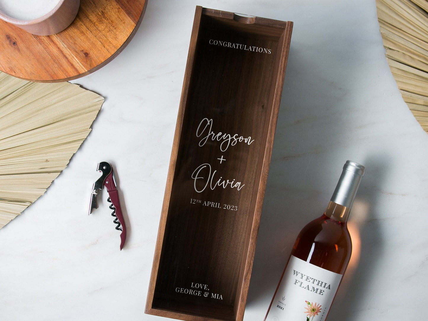Acrylic Lid Wine Box (Design 1) - Stylish Custom Walnut Wood Champagne Box Engagement Wedding Anniversary Birthday Gift for Bride & Groom