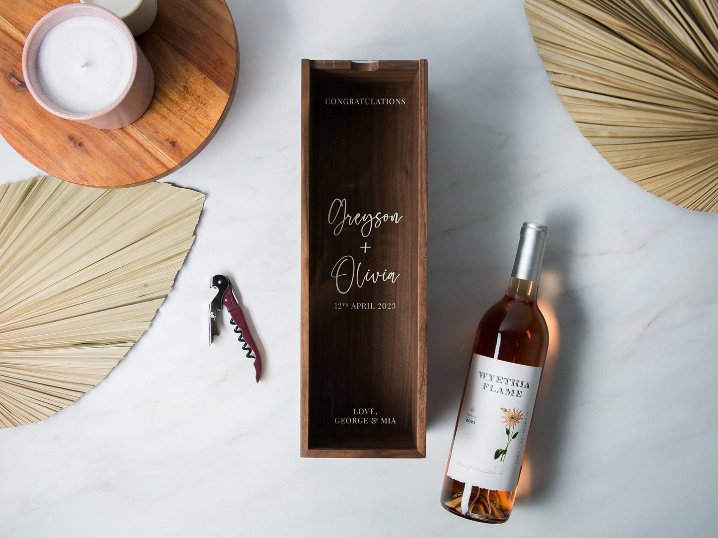 Acrylic Lid Wine Box (Design 1) - Stylish Custom Walnut Wood Champagne Box Engagement Wedding Anniversary Birthday Gift for Bride & Groom