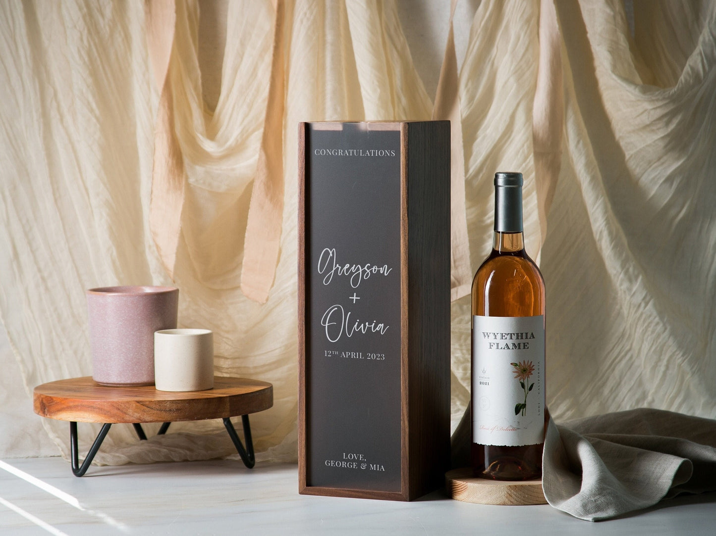 Acrylic Lid Wine Box (Design 1) - Stylish Custom Walnut Wood Champagne Box Engagement Wedding Anniversary Birthday Gift for Bride & Groom