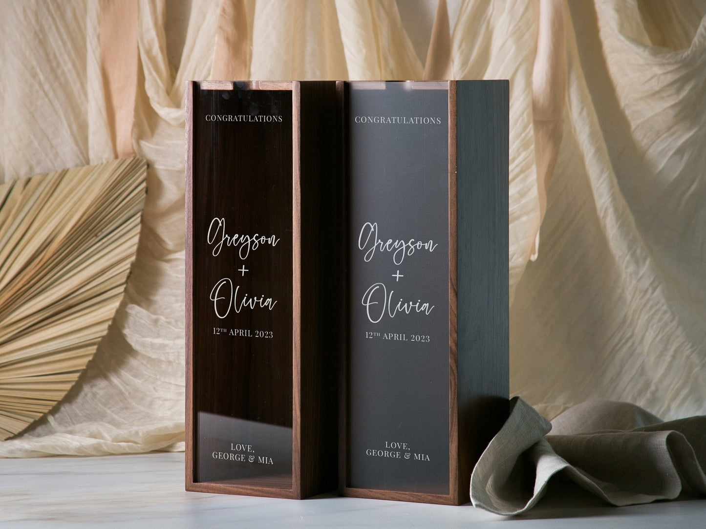 Acrylic Lid Wine Box (Design 1) - Stylish Custom Walnut Wood Champagne Box Engagement Wedding Anniversary Birthday Gift for Bride & Groom
