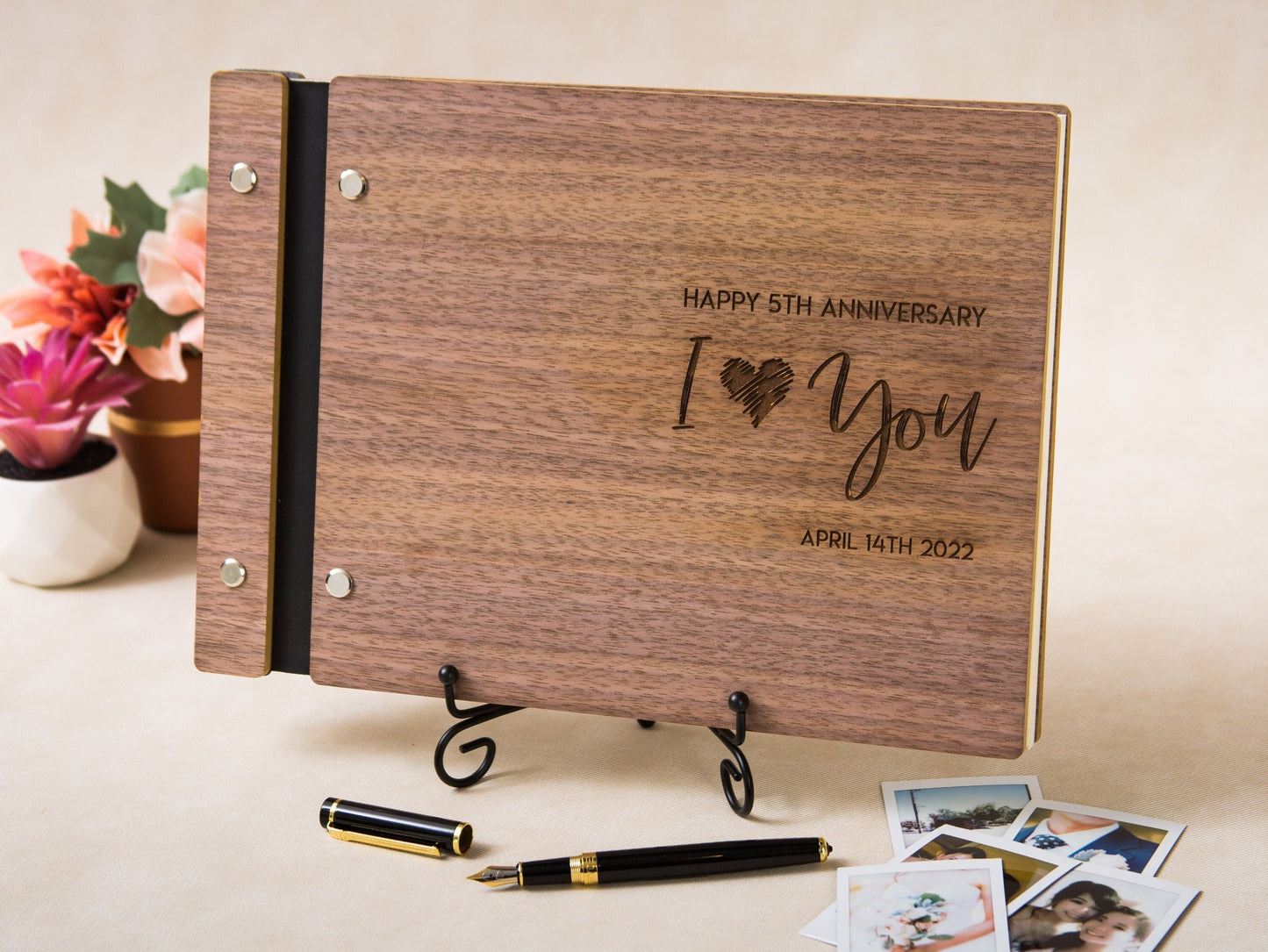 Engraved Premium Book - I Love You 5th Anniversary Wood Scrapbook Gift for Husband Wife Couples Memory Keepsake Polaroid Album Blank Papers