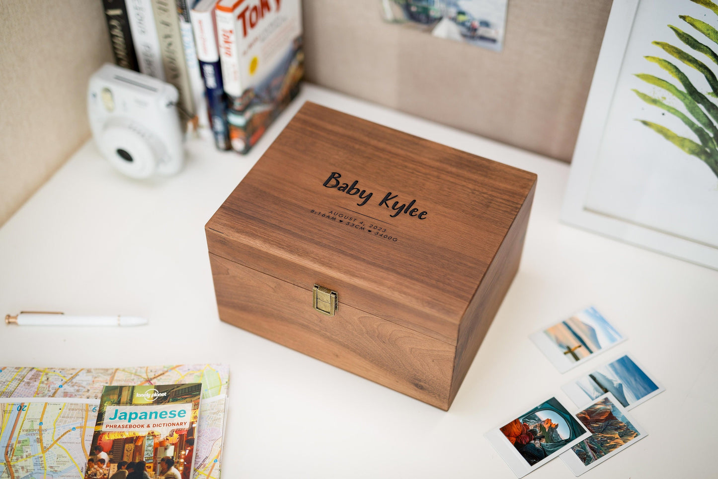 Wood Storage Box w/ Hinge Lid (D4) - Engraved Keepsake Memory Box Photos Letters Cards for Baby, New Mom and Dad Gifts, Baby Shower Card Box
