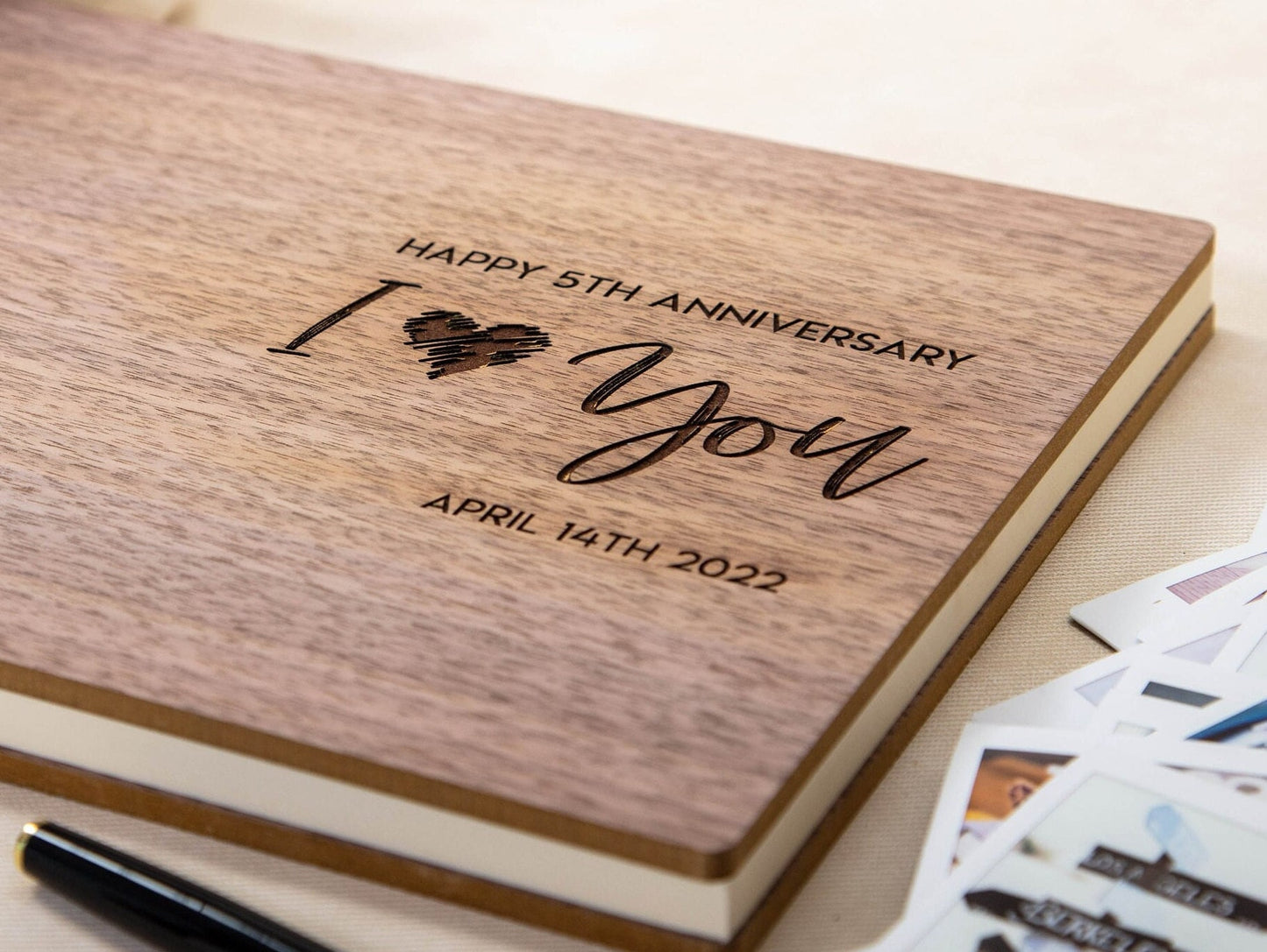Engraved Premium Book - I Love You 5th Anniversary Wood Scrapbook Gift for Husband Wife Couples Memory Keepsake Polaroid Album Blank Papers