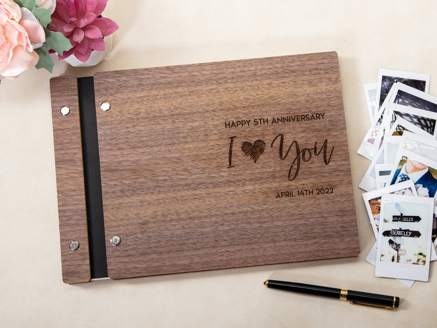 Engraved Premium Book - I Love You 5th Anniversary Wood Scrapbook Gift for Husband Wife Couples Memory Keepsake Polaroid Album Blank Papers