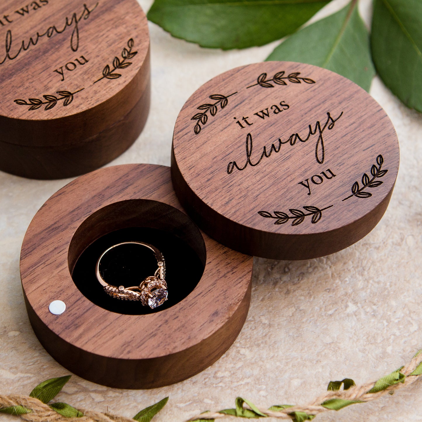 Circle Wood Ring Box - Engraved Ring Bearer Box for Wedding Ceremony, Proposal or Engagement Ring Box, Ring Dish Storage, Gift for Her