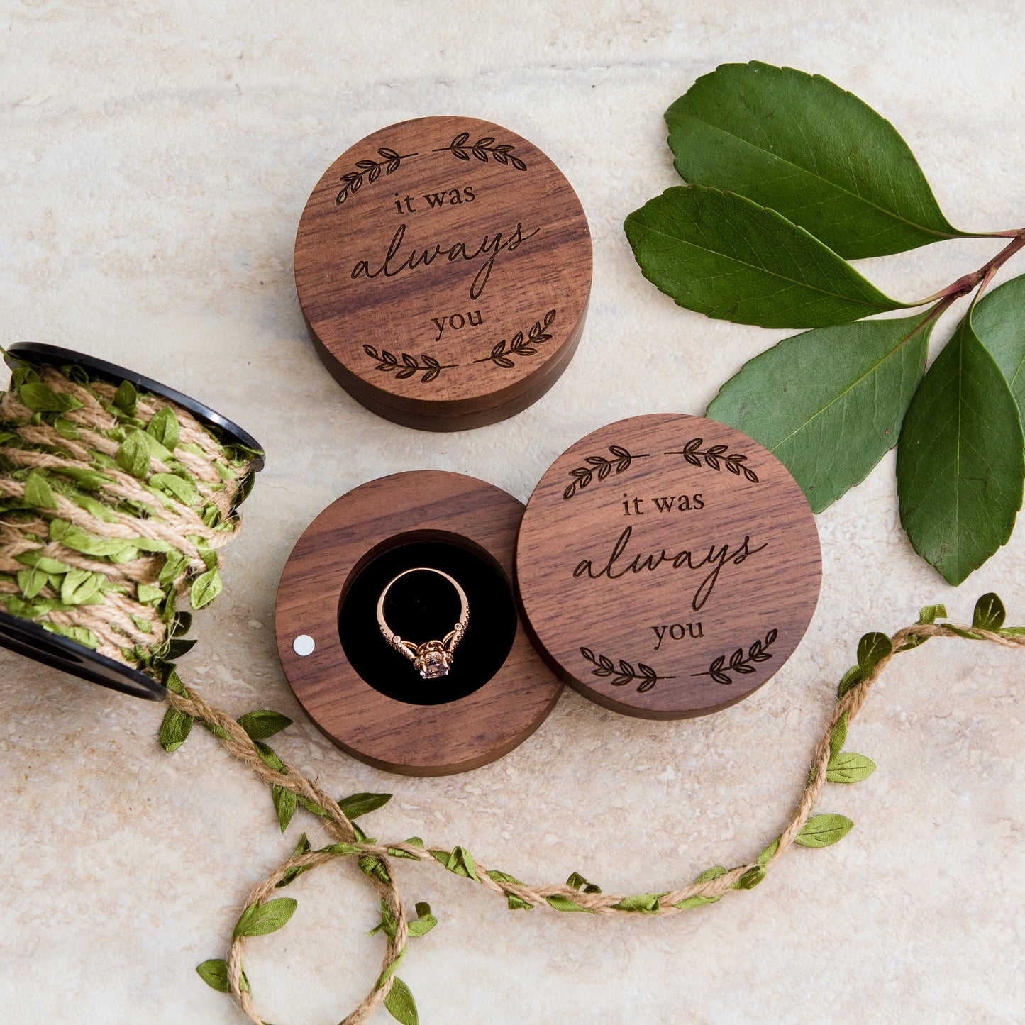 Circle Wood Ring Box - Engraved Ring Bearer Box for Wedding Ceremony, Proposal or Engagement Ring Box, Ring Dish Storage, Gift for Her
