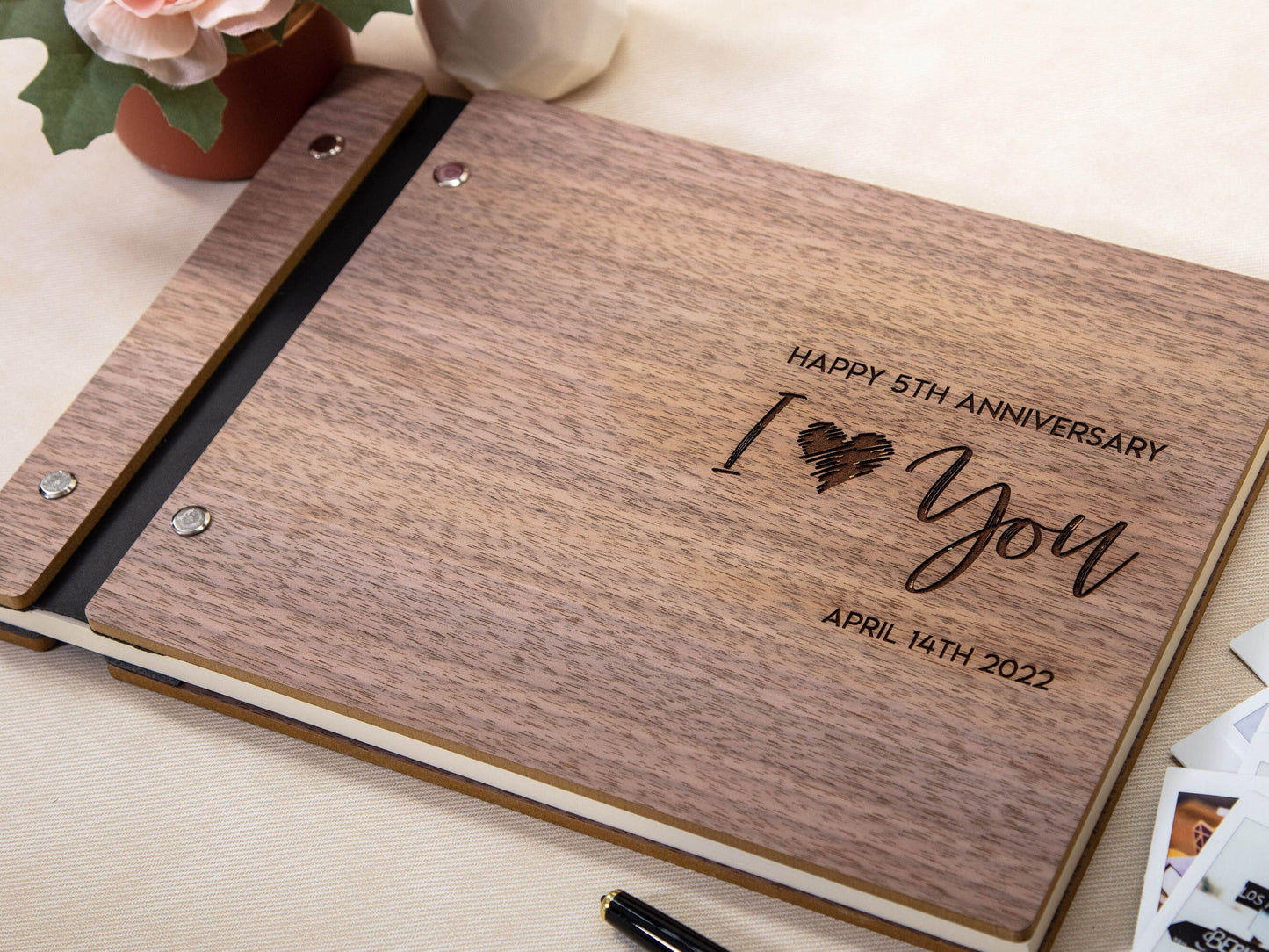 Engraved Premium Book - I Love You 5th Anniversary Wood Scrapbook Gift for Husband Wife Couples Memory Keepsake Polaroid Album Blank Papers